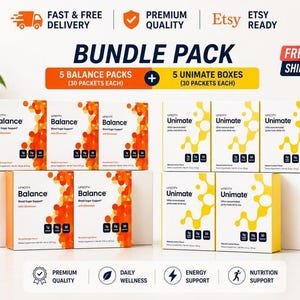 May include: A bundle pack containing five boxes of Unicity Balance Blood Sugar Support with Chromium in blood orange flavor and five boxes of Unicity Unimate ultra-concentrated yerba mate drink mix in natural lemon flavor, each with 30 packets.