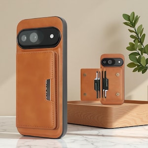 May include: A brown leather phone case with a cardholder. The case has a camera cutout and a magnetic closure. The cardholder can hold multiple cards. The case is designed to protect the phone from scratches and drops.
