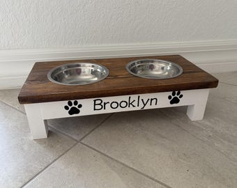 Personalized Wooden Dog Bowl Stand | Dark Walnut & White | Small Dog