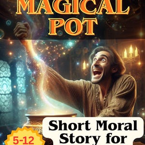 Puede incluir: Ilustración de portada de libro infantil, "The Magical Pot". Un hombre sorprendido, luz que emana de una olla. Texto: "Short Moral Story for kids" y "5-12 ages". Tema mágico, título en naranja.