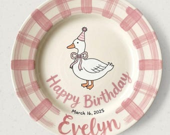 Personalized Ceramic Birthday Plate for Girl | Custom Evelyn Goose Keepsake | Hand Painted Pink Gingham Plaid Name Plate -BCP035