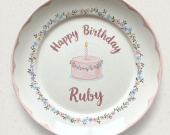 Personalized Ceramic Birthday Plate for Girl | Custom Pink Cake Keepsake | Hand Painted Floral Wreath & Scalloped Edge Name Plate -BCP44