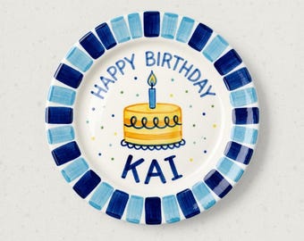 Personalized Ceramic Birthday Plate for Boy | Custom Yellow Cake Keepsake Gift | Blue Striped Rim Name Plate-BCP15