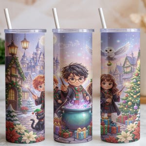 Harry Potter Weihnachts-Design für schmale 20-oz-Becher (PNG), Hogwarts-Weihnachts-Eulen-Zauberer-Motiv (Sublimationsdruck), digitaler Download