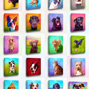 May include: A collage of 16 colorful paintings featuring various dog breeds. Each painting is set against a vibrant background and showcases a unique dog portrait.