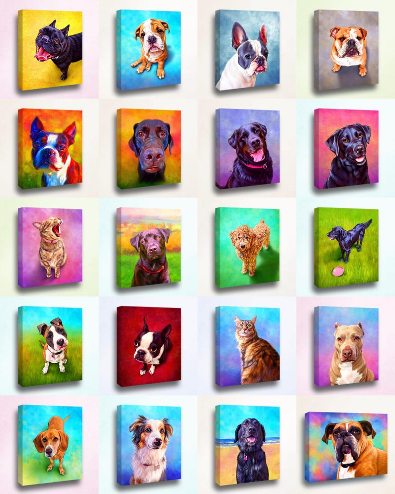 May include: A collage of 16 colorful paintings featuring various dog breeds. Each painting is set against a vibrant background and showcases a unique dog portrait.