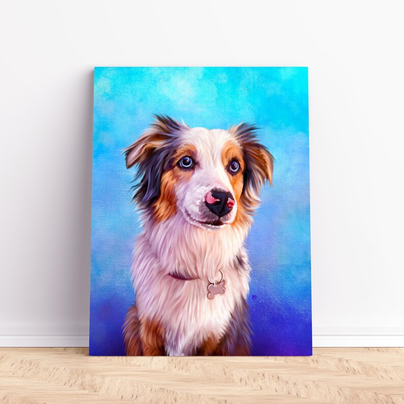 May include: A portrait of an Australian Shepherd dog with blue eyes, a pink nose, and a white, brown, and black coat. The dog wears a pink collar with a bone-shaped tag. The background is a gradient of blue hues.