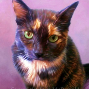 May include: A close-up portrait of a tortoiseshell cat with green eyes. The cat is looking directly at the viewer with a serious expression. The background is a soft purple.
