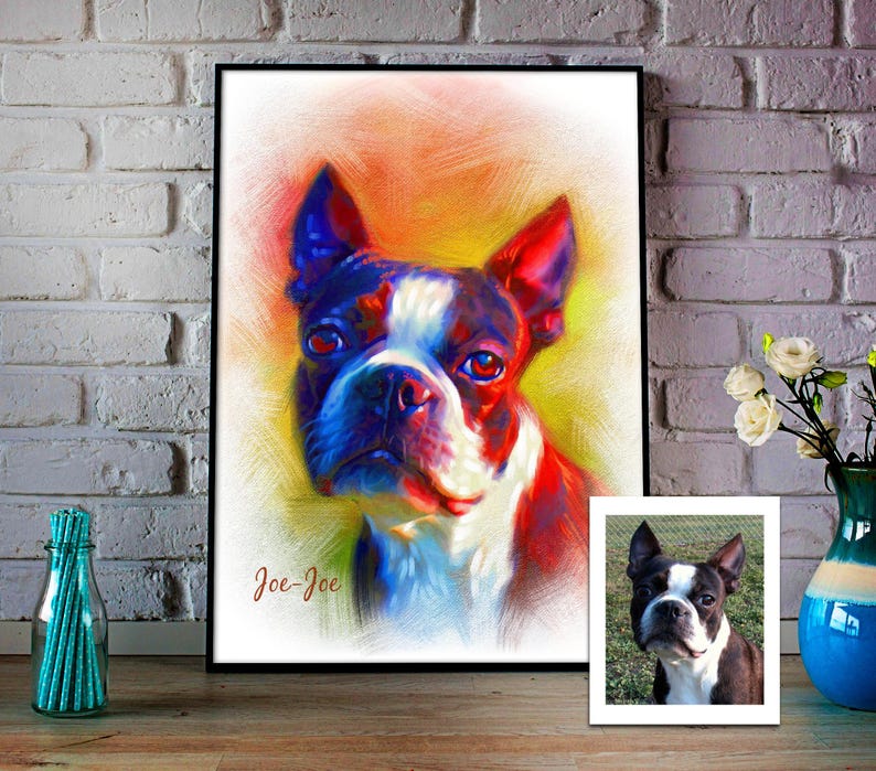 May include: A colorful, artistic portrait of a Boston Terrier dog with red, white, and blue hues. The painting is framed in black and includes the name "Joe-Joe" in the lower right corner. A smaller photo of the dog is also present.