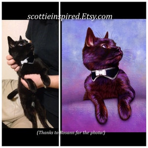 May include: A black cat wearing a black bow tie with rhinestones, sitting on a purple background. The cat is looking up and to the right. The text "scottieinspired.Etsy.com" is at the top of the image. The text "(Thanks to Rosann for the photo.)" is at the bottom of the image.