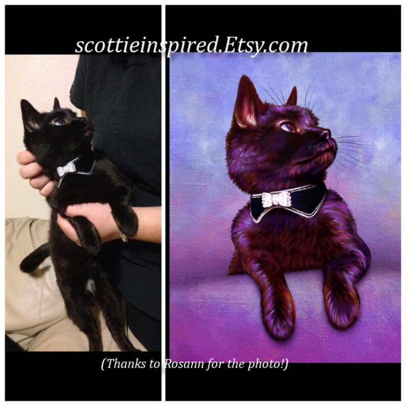 May include: A black cat wearing a black bow tie with rhinestones, sitting on a purple background. The cat is looking up and to the right. The text "scottieinspired.Etsy.com" is at the top of the image. The text "(Thanks to Rosann for the photo.)" is at the bottom of the image.