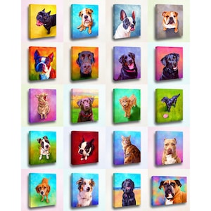 May include: A collection of framed canvas art featuring colorful portraits of various dog breeds. Each painting showcases a different dog, with vibrant colors and detailed brushstrokes. The artwork is displayed on a white wall.