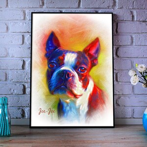 May include: A framed art print of a Boston Terrier dog, rendered in a colorful, painterly style. The dog's fur is depicted in shades of red, blue, and white, with a soft, blended background. The artwork is signed "Joe-Joe" in the lower right corner.
