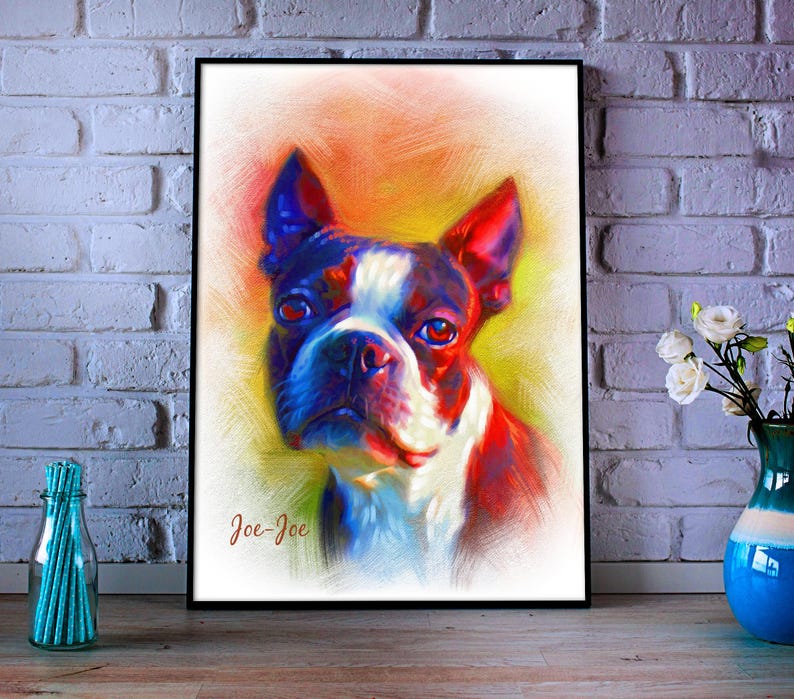 May include: A framed art print of a Boston Terrier dog, rendered in a colorful, painterly style. The dog's fur is depicted in shades of red, blue, and white, with a soft, blended background. The artwork is signed "Joe-Joe" in the lower right corner.