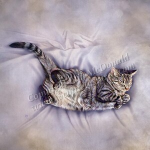 May include: A tabby cat with white markings is sleeping on a white bedspread. The cat is curled up in a ball with its paws tucked under its chin. The cat's eyes are closed and its whiskers are twitching.