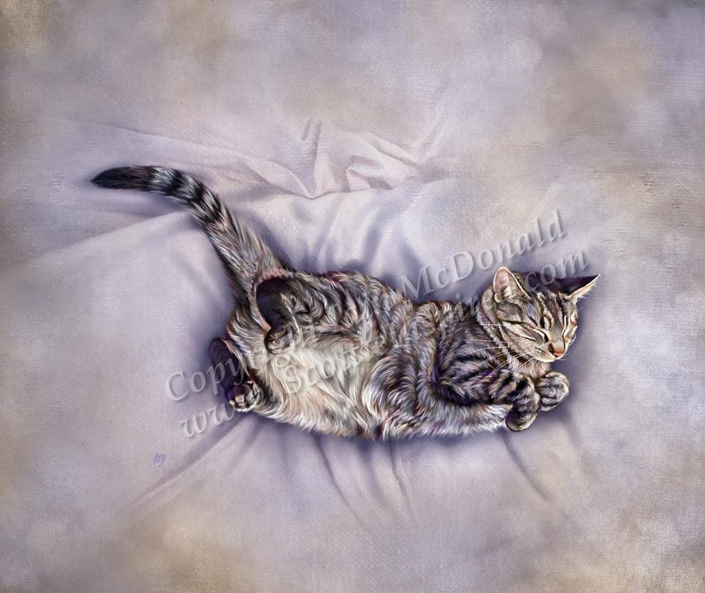 May include: A tabby cat with white markings is sleeping on a white bedspread. The cat is curled up in a ball with its paws tucked under its chin. The cat's eyes are closed and its whiskers are twitching.