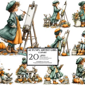 Puede incluir: Una colección de ilustraciones digitales que muestran a una joven artista con boina, abrigo color verde azulado y ropa naranja, pintando en un caballete o dibujando en un libro, rodeada de calabazas, hojas de otoño y materiales de arte.