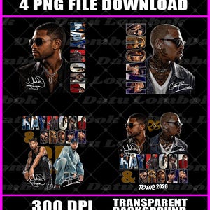 May include: A digital graphic set featuring four distinct layouts of Usher and Chris Brown. Each design includes portraits of the artists wearing sunglasses, their printed signatures, and the text RAYMOND & BROWN TOUR 2026. The files are 300 DPI.