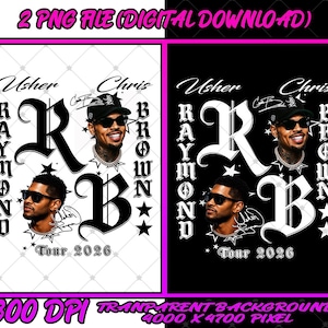 May include: A digital graphic design featuring portraits of Usher and Chris Brown wearing sunglasses. The text includes Usher, Chris Brown, Raymond, and Tour 2026. Large stylized letters R and B are centered, accompanied by star icons and signatures.
