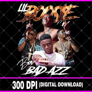 Puede incluir: Descarga digital con un gráfico de Lil Boosie y el texto "Lil Boosie" en una fuente ardiente. La imagen incluye múltiples retratos del rapero, con las palabras "Boosie Bad Azz" en una fuente de escritura.