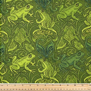 Tyg, virvlande bladmönster med grodor, säljs per meter, polyester, 137 cm brett, för heminredning, sömnad, hantverk, gör-det-själv-projekt.