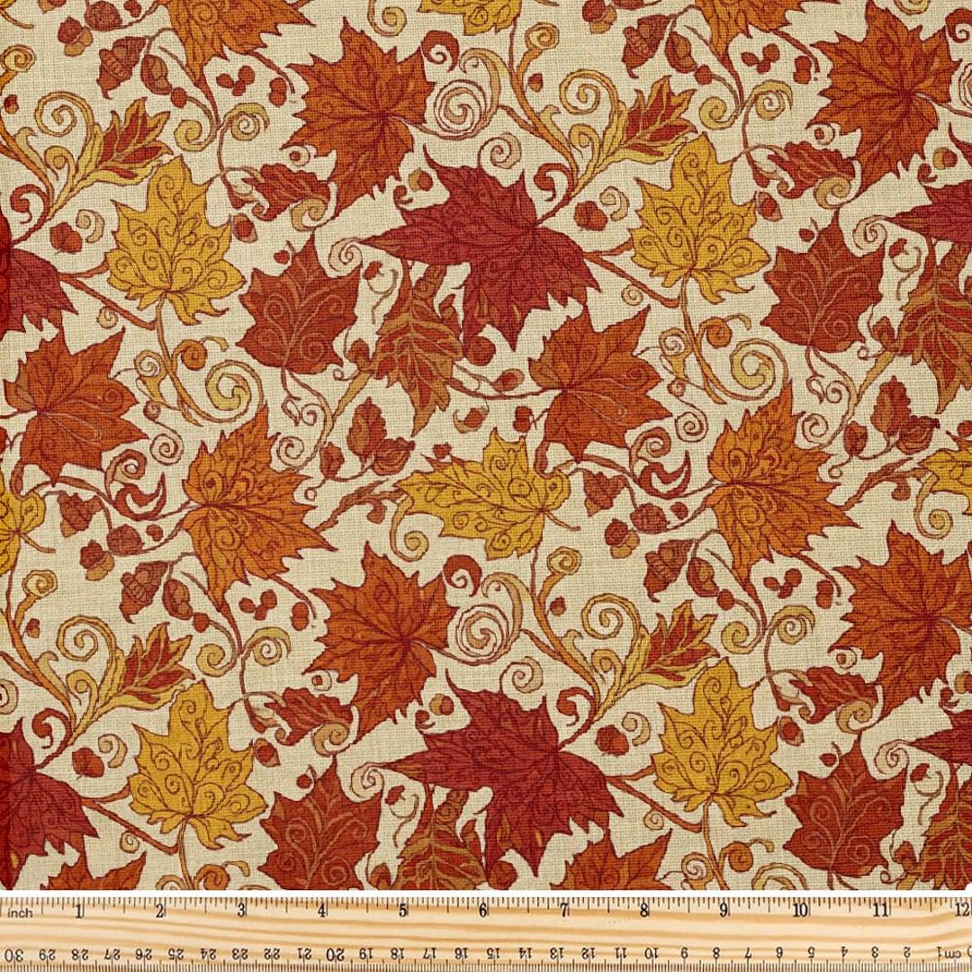 Fabric, Autumn Leaves Acorns Pattern, Sold by the Yard, Polyester, 58 ...