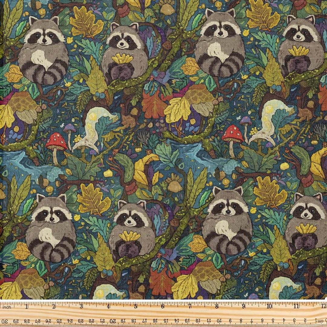 Fall Raccoon Patterns Fabric, Raccoons Autumn Foliage Pattern, Sold by the Yard, Polyester ...