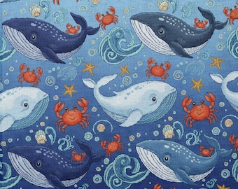 Fabric, Whale crab waves pattern, Sold by the Yard, Polyester, 58 in" wide, for Home Decor, Sewing, Crafting, D.I.Y projects.