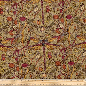 May include: A patterned fabric featuring dragonflies, leaves, and floral motifs in gold, red, and green hues on a tan backdrop. The design has detailed elements and a vintage style. Suitable for craft projects, the fabric has a repeating pattern.