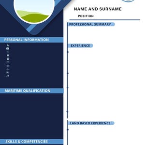 Puede incluir: Una plantilla de currículum vitae azul marino y blanco con temática náutica. El diseño incluye un logotipo de timón, un marcador de posición para fotos y secciones para información personal, experiencia y cualificaciones. El texto incluye "Nombre y Apellido", "Posición" y otros encabezados.