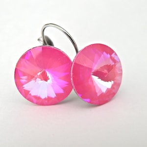 Hot Pink Dangle Earrings, Pink Swarovski Earrings, Fuchshia Crystal Rivoli Drop Earrings, Bridesmaids Jewelry, Hypoallergenic Earrings