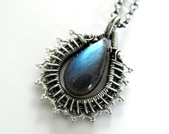 Wire Wrapped Labradorite Pendant Necklace, Oxidized Sterling Silver