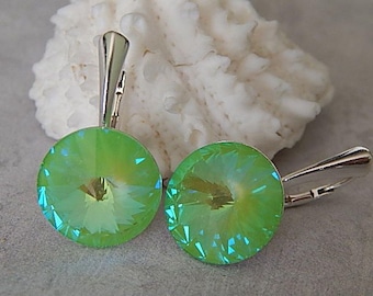Sterling Silver Swarovski Earrings, Ultra Lime Crystal Earring, Handmade  Modern Jewelry