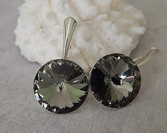 Black Diamond Sterling Silver Earrings, Swarovski Crystal Earring, Smoky Gray, Handmade Silver Jewelry