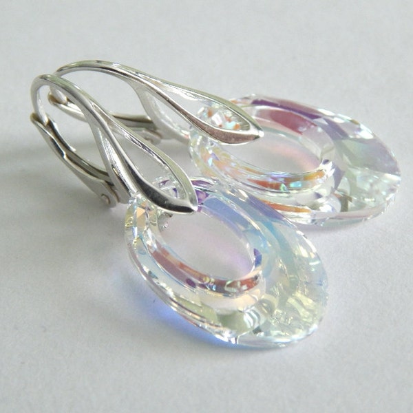 Sterling Silver Dangle Earrings, Aurora Borealis Oval Sparkle Drop Earrings,  Wedding Jewelry