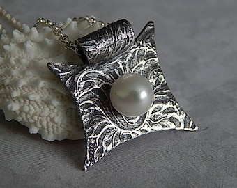 Handmade Sterling Silver Necklace, Art Clay Jewelry, Fine Silver Texture, PMC, Metalsmith