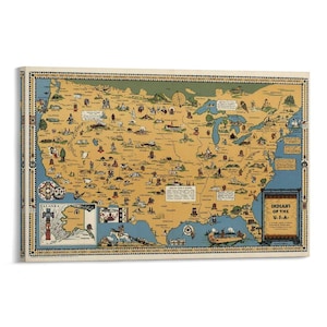 May include: A vintage map of the USA, featuring illustrations and text about Native American history. The map is in shades of tan, blue, and green, with decorative borders and the title "Indians of the U.S.A."