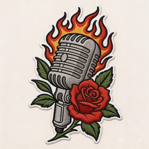 May include: Embroidered patch featuring a vintage silver microphone engulfed in flames. A vibrant red rose with green leaves and stem is positioned below the microphone. The patch has a white border and is designed for application on clothing or accessories.