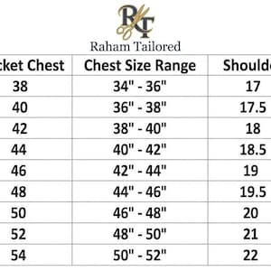 May include: A size chart for tailored jackets, featuring measurements in inches. The chart includes sizes from XXS to 4XL, with corresponding jacket chest, chest size range, shoulder, and sleeve measurements. The brand name "Raham Tailored" is at the top.