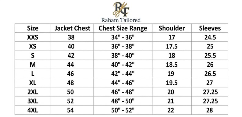 May include: A size chart for tailored jackets, featuring measurements in inches. The chart includes sizes from XXS to 4XL, with corresponding jacket chest, chest size range, shoulder, and sleeve measurements. The brand name "Raham Tailored" is at the top.