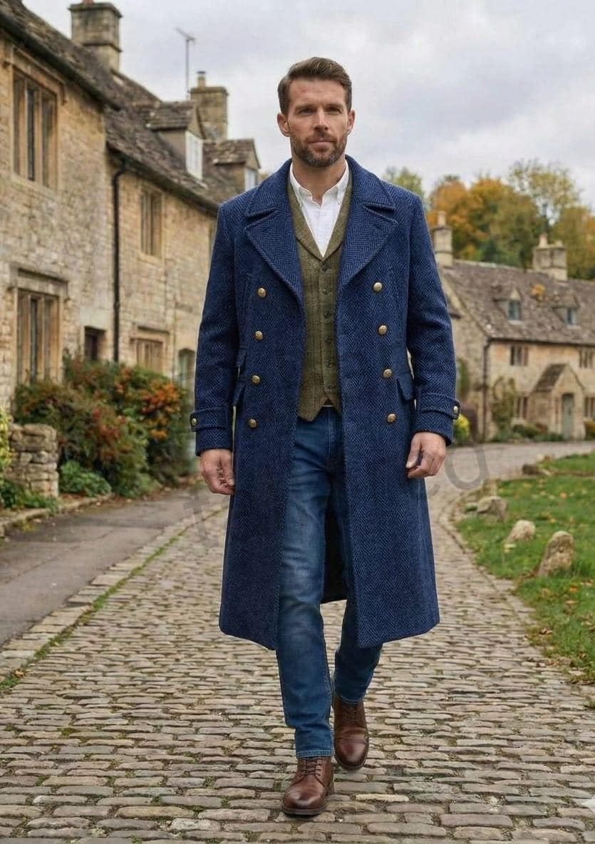 Men’s Blue Herringbone Tweed Military Greatcoat Wool Overcoat Double Breasted Officer Coat