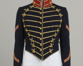 Schwarze Wolle Militär Jacke Frauen, Gold Stickerei Husaren Jacke, Marineoffizier Blazer, Parademantel