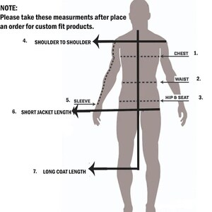 May include: Diagram illustrating body measurements for custom fit products. The image shows a human figure with labeled measurement points: chest, waist, hip & seat, shoulder to shoulder, sleeve, short jacket length, and long coat length. Text at the top reads: "NOTE: Please take these measurements after placing an order for custom fit products."