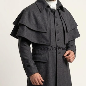 Mens Inverness Cape Coat Grey Gothic Steampunk Cloak Victorian Style Overcoat