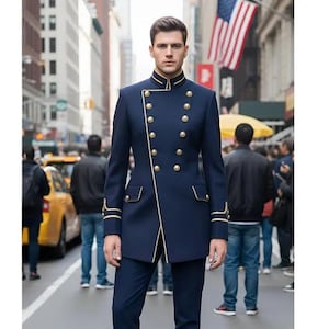 Herr Marinblå Militäruniform Kostym Formell Ceremoniell Kavaj Vigselring Parad Outfit