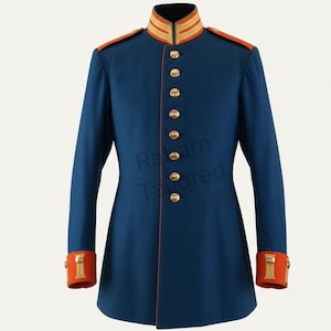 May include: A navy blue military-style jacket with gold buttons and trim. The jacket features orange accents on the collar, epaulets, and cuffs. The jacket has a tailored fit and a high collar.