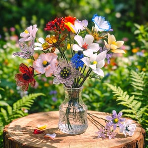 May include: A glass vase filled with colorful glass flowers, including red, white, blue, and yellow blooms. The vase sits on a wooden stump, with a blurred green background of foliage. The flowers have intricate details and are arranged in a naturalistic style.