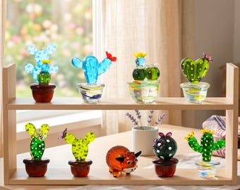 Hand Blown Glass Cactus Ornament, Hand Blown Succulent Decor, Aesthetic Desk Ornament, Fairy Garden Gift,Gifts for Her