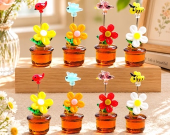 Mini Glass Flower Figurine,Handcrafted Mini Ornament, Handmade Bee/Bird Decor, Tiny Potted Ornament, Gift For Plant Lovers, Gift For Her