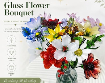 Glass Birth Month Flowers, Handmade Floral Bouquet for Mom & Grandma, Wedding Gift, Bridal Bouquet Keepsake, Birthday Gift